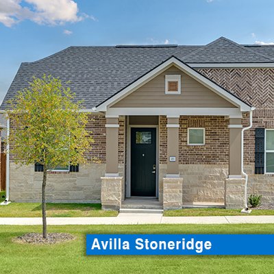 Luxury, single family for rent home made of brick and stone with landscaping and a tree.